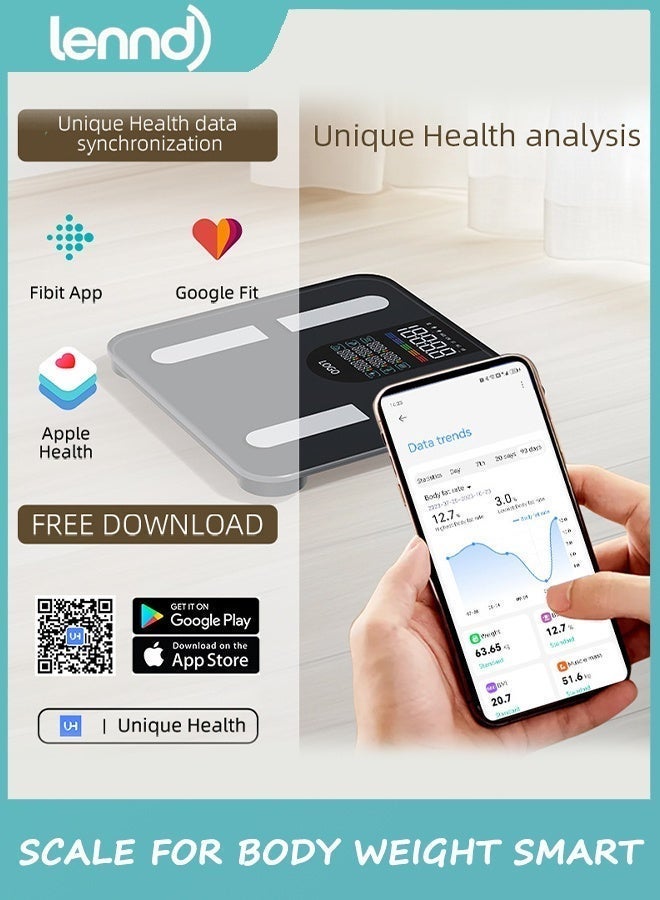 لينند ميزان ذكي لتتبع اللياقة البدنية، مزود بتقنية بلوتوث لتحليل الوزن و25 قياسًا، مع خاصية قياس معدل ضربات القلب، ومحلل صحي مع تطبيق، باللون الأزرق الداكن. - Image 2